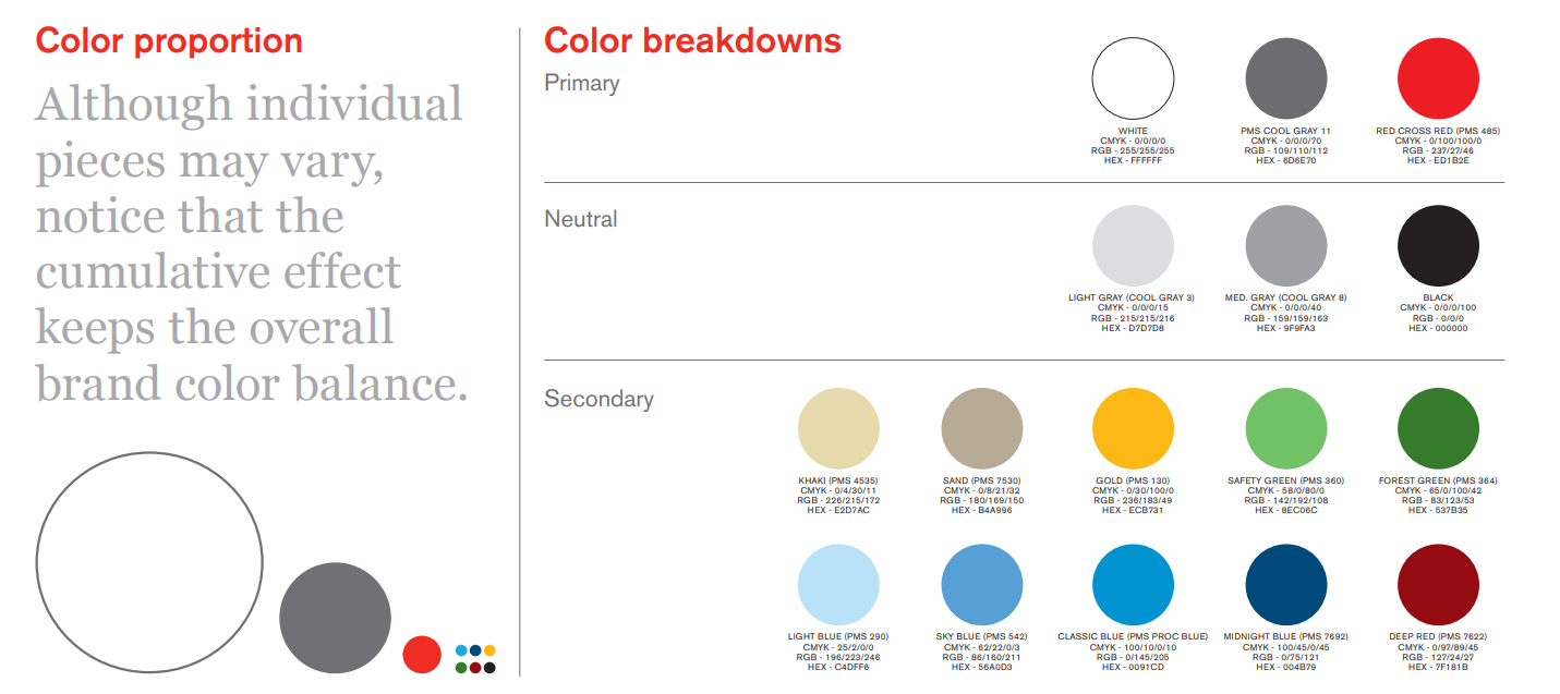 Color breakdowns in brand book of American Red Cross