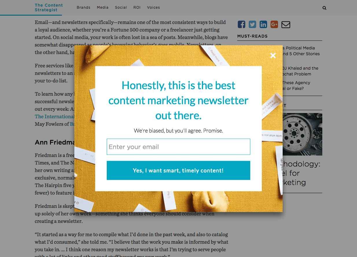 A popup on the Contently service.