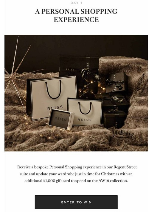 The Reiss store organized a 12-day drawing of their brand’s gifts